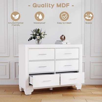 Homhougo White Dresser for Bedroom 6 Drawer, Wood Organizer Storage Cabinet with Gray Strip Drawer Door, Chest of Drawers for Closet, Living Room, Hallway, Nursery, Kids Bedroom