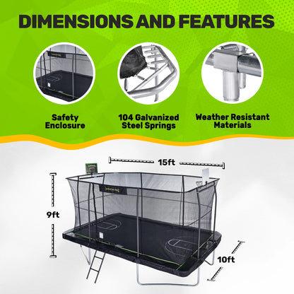 JumpKing 10'x15' Rectangle Trampoline with 2 Powder Coated Basketball Hoops & Breakaway Rim and Ladder- Large Recreational Trampoline for Kids and Adults with Enclosure Net