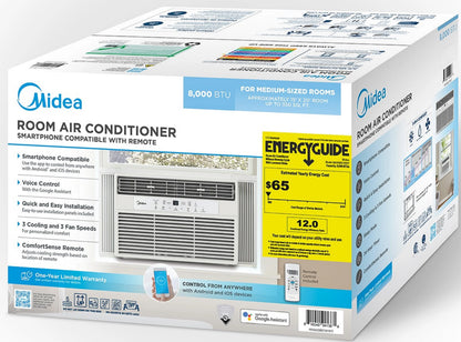 Midea 8,000 BTU 115V Smart Window Air Conditioner with Comfort Sense Remote, up to 350 Sq. ft., White, MAW08S1DWWT, New
