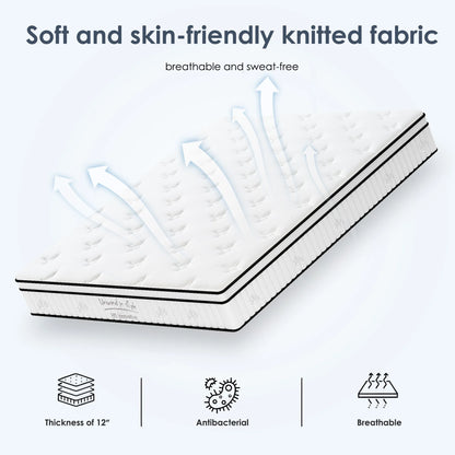 12 Inch Hybrid Queen Mattress - Medium Firm Support, Pocket Coils & Pressure Relief, Hypoallergenic Bed-in-a-Box