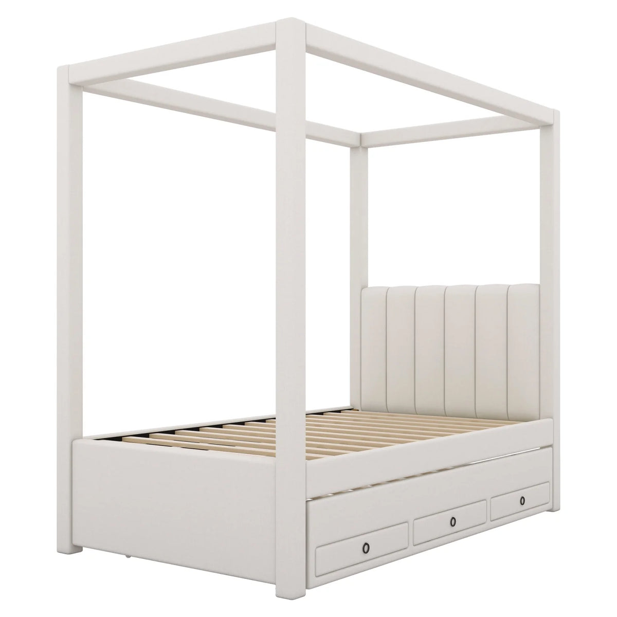Harper & Bright Designs Twin Size Upholstery Canopy Platform Bed with Trundle and 3 Storage Drawers, Captain Platform Bed Frame with 4-Poster Canopy Roof, Beige
