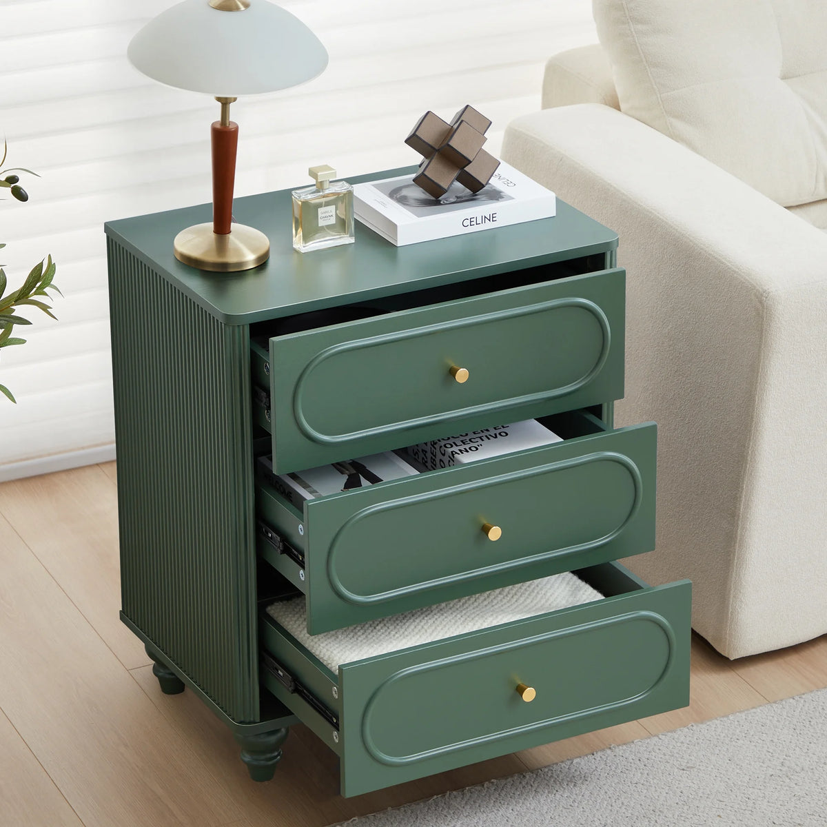YOCWO 3 Drawer Nightstand, Classic Chest of Drawers with Arc Edge, Walnut