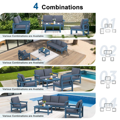 SERWALL Outdoor Patio Furniture Set, 7-Piece HDPE Outdoor Sofa Set Patio Conversation Set, Black Frame with Beige Cushions