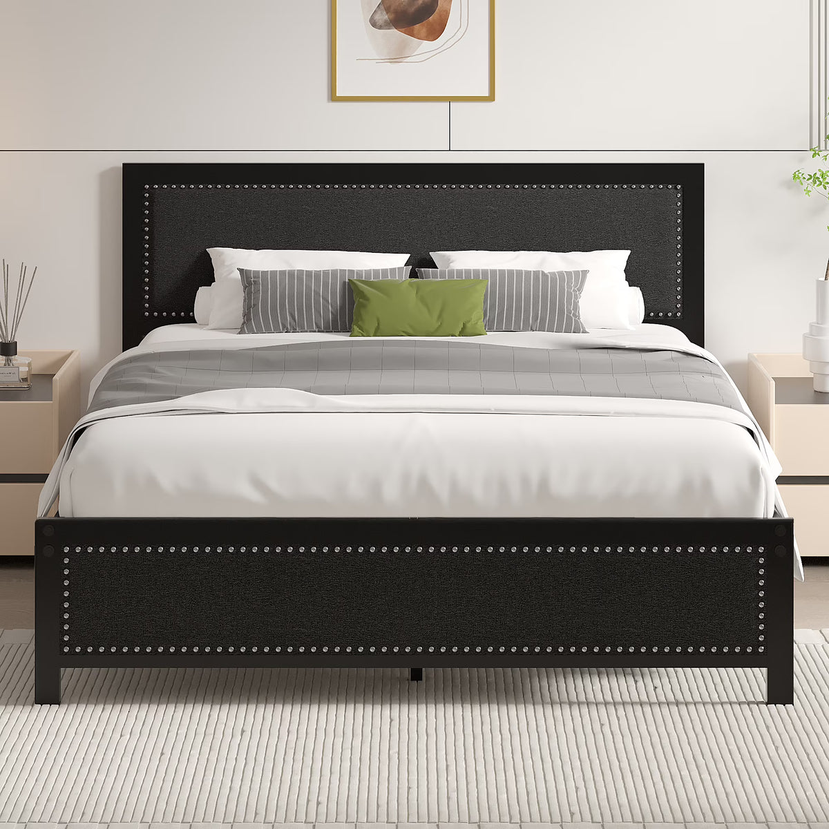 VECELO Queen Size Bed Frame Metal Platform Bed with Upholstered Headboard, No Box Spring Needed, Black
