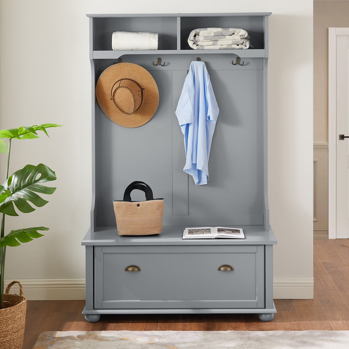PORKISS Hall Tree, Wood Entryway Hall Tree with Open Shelves, Shoe Cabinets and Solid Wood feet, Coastal Style Hall Tree with Storage Bench, Modern Tree Entryway Bench for Living Room, White
