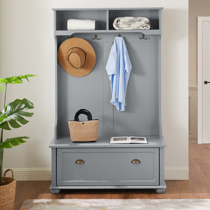 PORKISS Hall Tree, Wood Entryway Hall Tree with Open Shelves, Shoe Cabinets and Solid Wood feet, Coastal Style Hall Tree with Storage Bench, Modern Tree Entryway Bench for Living Room, White