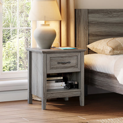 Linsy Home Nightstand for Bedroom set of 2 with Charging Station, Farmhouse End Tables for Living Room set of 2 with Drawer, Beige