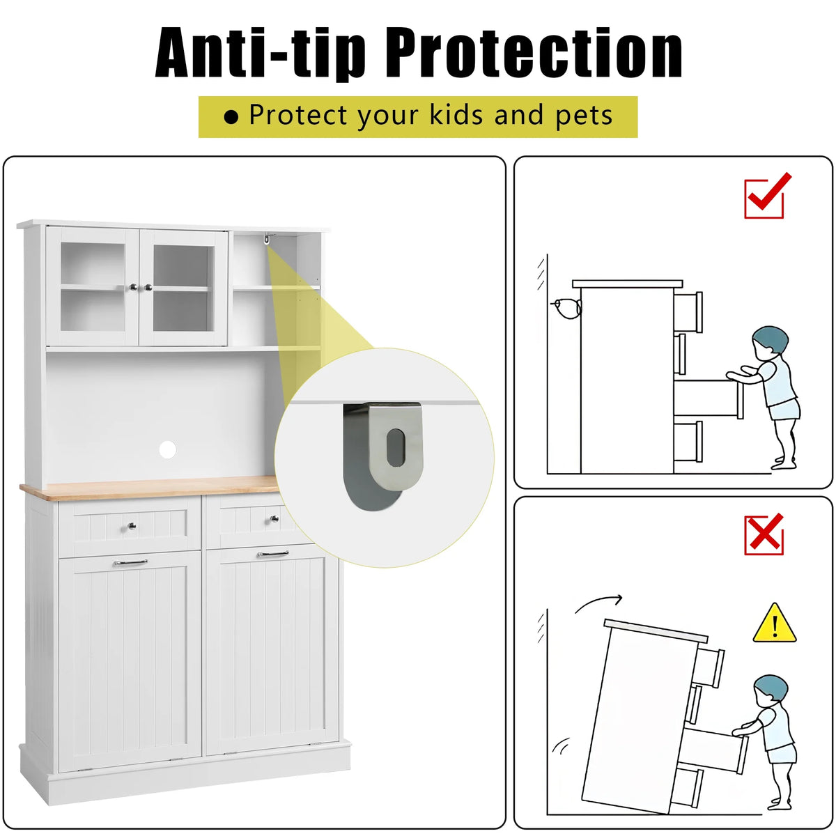 KIGOTY Dual Kitchen Trash Cabinet, Double Tilt Out Trash Can Cabinet with Countertop and Drawer, Free-Standing Pet Proof Recycling Cabinet Garbage Can Holder, Wood (White)