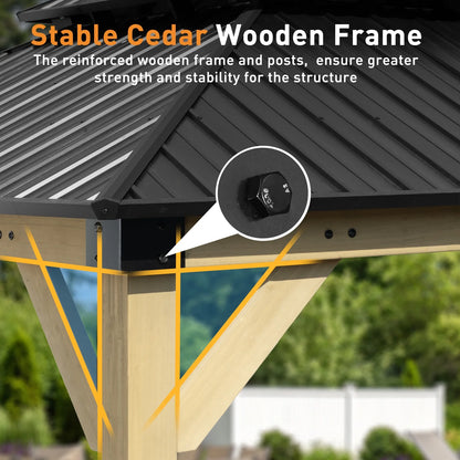 Aoodor 10 x 12 ft Wooden Frame Gazebo with 2-Tier Galvanized Metal Hardtop Roof, Outdoor Patio Gazebo with Charging Socket for Patio, Backyard, Deck, and Lawn