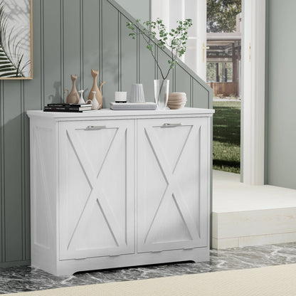 Tolead Double Tilt Out Trash Cabinet, Wooden Free Standing Laundry Sorter Cabinet, with Hideaway Drawer, White