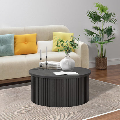 Oubayajia Round Coffee Table with Storage, Wood Lift Top Coffee Table, Waveform Panel, Natural