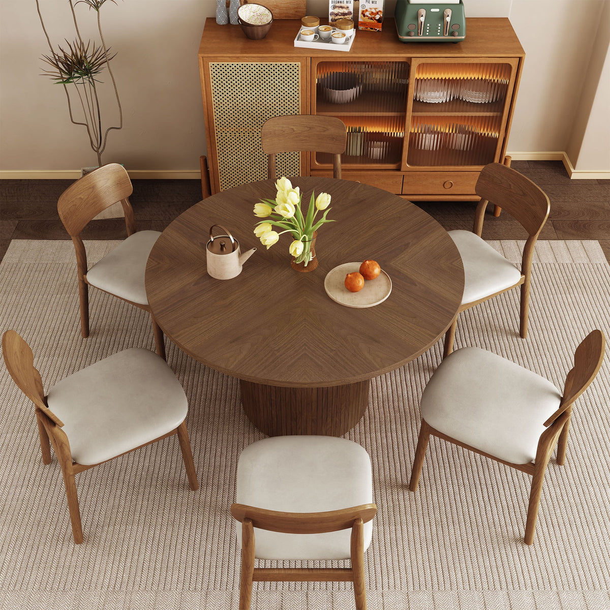 Wirrytor Round Dining Table, Modern Farmhouse Kitchen Table, 47 Inch Coffee Circle Dining Tables with Wood Strip Base for Kitchen Living Room, Black