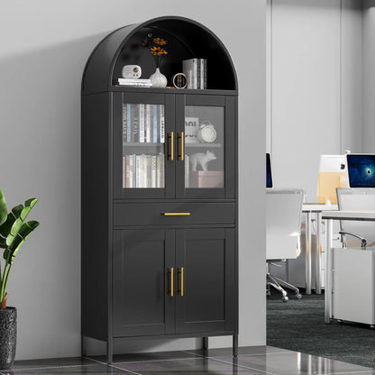 SUPEER Metal Arched Storage Display Cabinet with Glass Doors and Adjustable Shelves, Lockable Cabinet, Assembly Required, Black