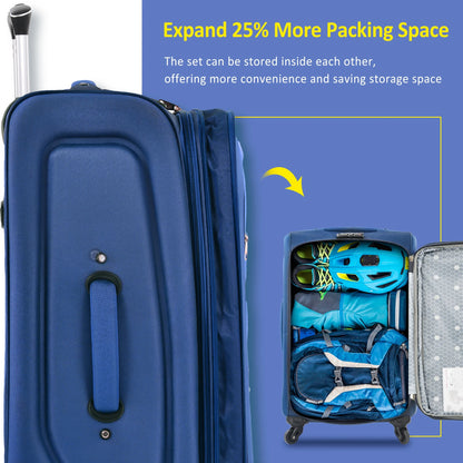 EUROCO 3 Piece Softside Luggage Set,Expandable Suitcase Set with TSA Lock and Spinner Wheels,Lightweight Suitcase for Men Women(20",24",28"),Black