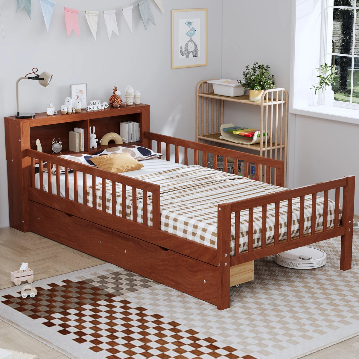 Euroco Wood Twin Size Platform Bed with Storage Headboard and Drawers, Low Profile Bed with Guardrails for Kids and Toddlers, White