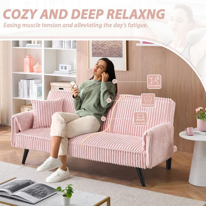 FFH Modern Corduroy Futon Sofa Bed with Adjustable Backrest,Convertible Loveseat Sleeper,Soft Couch with Drop-Down Table and Cup Holder for Living room,Pink
