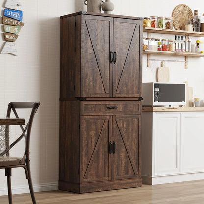 71" Tall Farmhouse Kitchen Pantry with 12 Side Shelves & Adjustable Shelves, 5 Layers Pantry Storage Cabinet w/Load-Bearing Steel Pipe & 4 Barn Doors for Kitchen, Dining Room, Living Room, Brown
