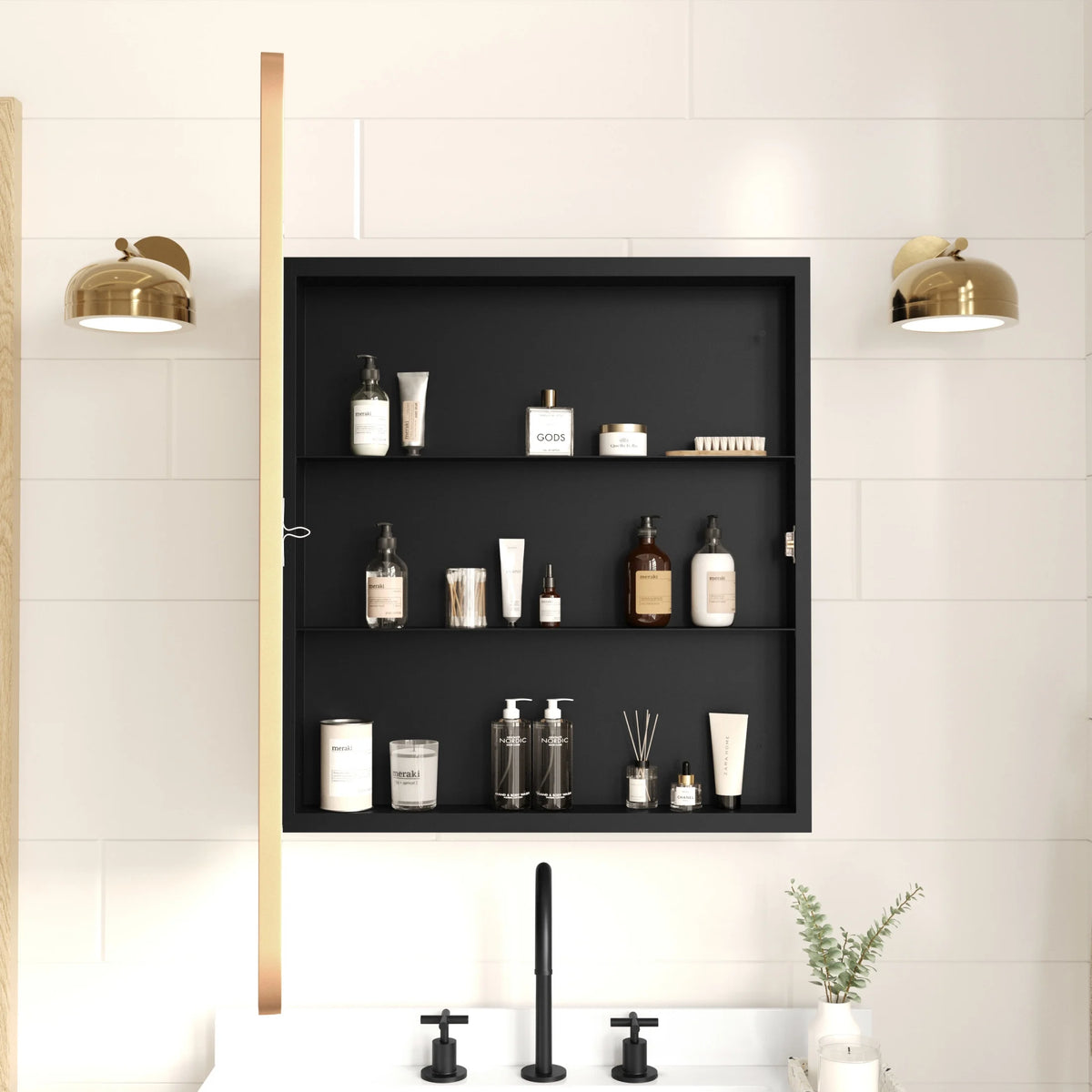 Merrick Lane 24" x 30" Reversible Bathroom Wall Medicine Cabinet with Rounded Rectangular Beveled Mirror and Black Metal Frame and Shelves