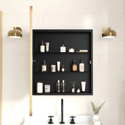 Merrick Lane 24" x 30" Reversible Bathroom Wall Medicine Cabinet with Rounded Rectangular Beveled Mirror and Black Metal Frame and Shelves