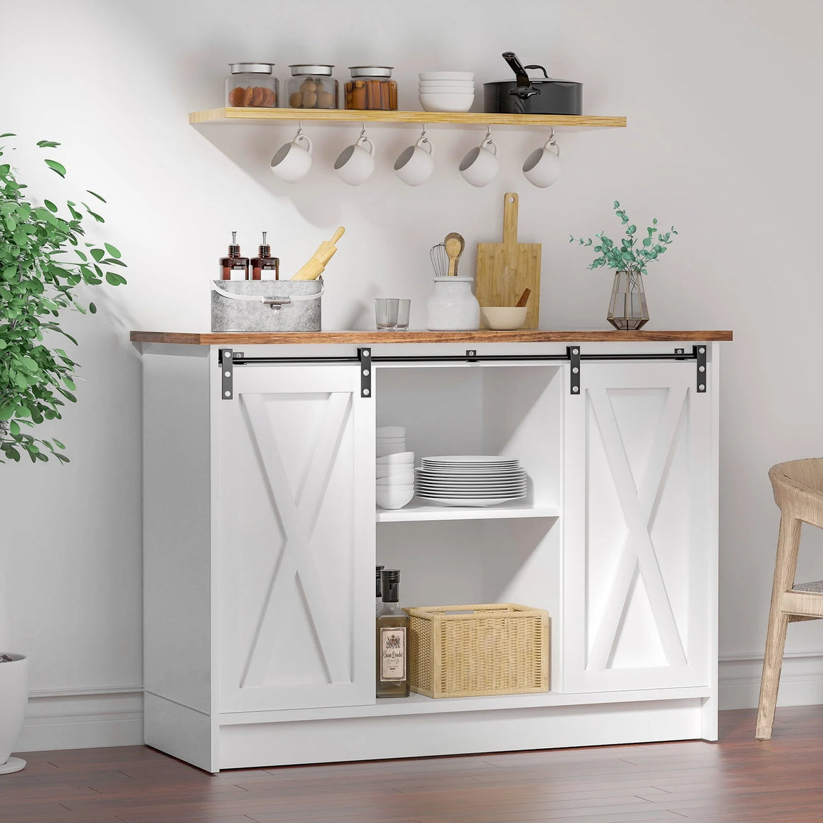 Catrimown Farmhouse Coffee Bar Cabinet , 42”  Buffet Sideboard Cabinet with Sliding Door, Sideboard Storage Cabinet, White