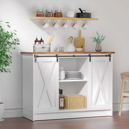 Catrimown Farmhouse Coffee Bar Cabinet , 42”  Buffet Sideboard Cabinet with Sliding Door, Sideboard Storage Cabinet, White