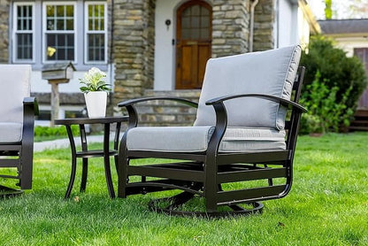 ALAULM 3 Piece Patio Outdoor Aluminum Metal Swivel Rocking Chair with 1 Coffee Table and 2 Khaki Padded Cushions Outdoor Metal Swivel Rocking Chair Furniture Conversation Set for Porch Garden