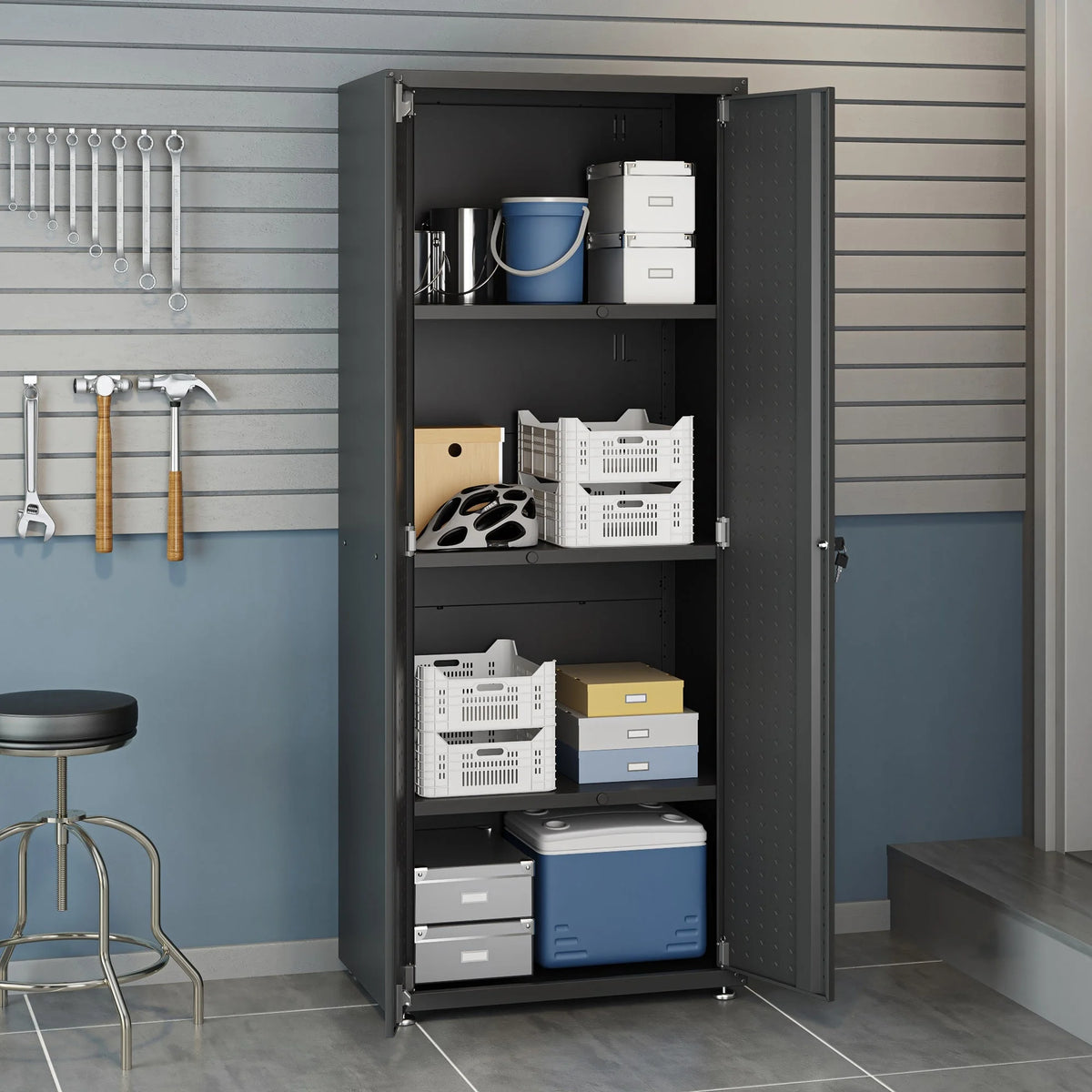 Fortress Textured Metal 75.4" Garage Cabinet with 4 Adjustable Shelves y