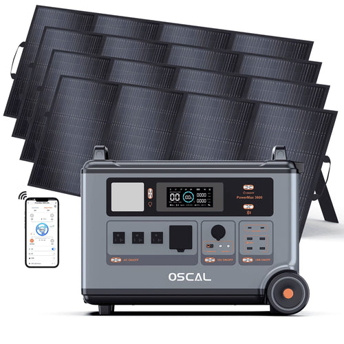 OSCAL P6000 Solar Generator with 4��400W Solar Panels, 6000W 120V/240V Dual Voltage Power Station, 3600Wh LiFePO4 Battery (Expandable to 57.6kWh), 2200W Fast Charging, Home Backup & RV Use