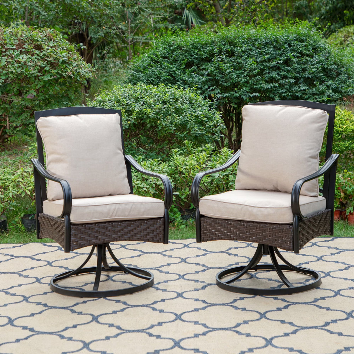 Summit Living Outdoor Patio Swivel Dining Chairs Set of 2 with Cushions, Wicker Outdoor Lounge Chair, Black & Beige