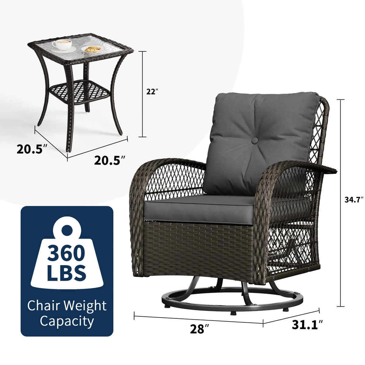 ELPOSUN 3 Pieces Patio Furniture Set, Outdoor Swivel Gliders Rocker, Wicker Patio Bistro Set with Rattan Rocking Chair, Glass Top Side Table and Thickened Cushions for Porch Deck Backyard