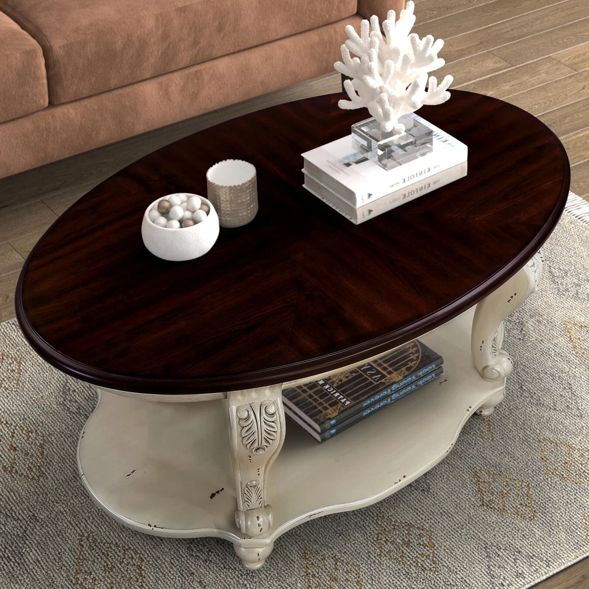 42" Oval Coffee Table with Storage Shelf, 2-Tier Solid Wood Cocktail Tea Table, Traditional Retro Center Table for Living Room, Bearing 400LBS, Cherry