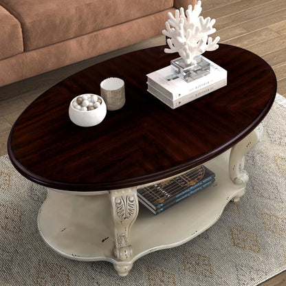 42" Oval Coffee Table with Storage Shelf, 2-Tier Solid Wood Cocktail Tea Table, Traditional Retro Center Table for Living Room, Bearing 400LBS, Cherry