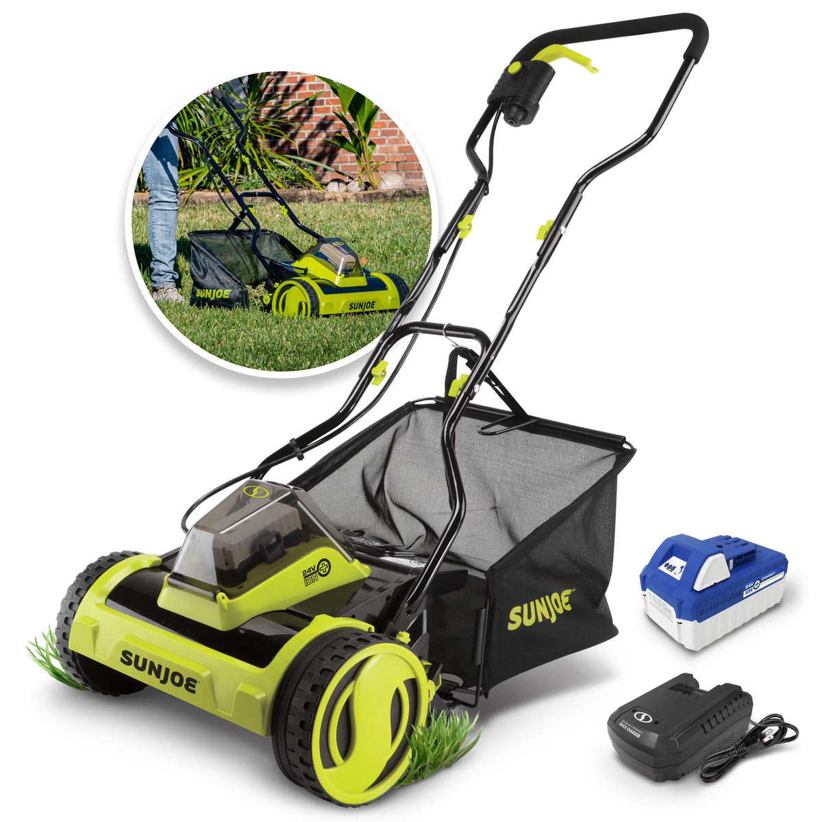 Sun Joe 24V Cordless 15-inch Push Reel Lawn Mower, 4-Position, 4.0-Ah Battery & Charger