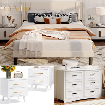 Aiho 4 Pieces Bedroom Furniture Set, Includes Queen Bed Frame, Nightstands Set of 2, Double Wide 6-Drawer Dresser - White