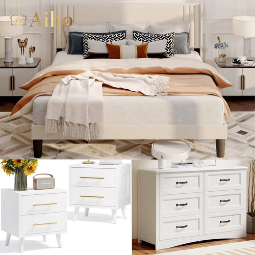 Aiho 4 Pieces Bedroom Furniture Set, Includes Queen Bed Frame, Nightstands Set of 2, Double Wide 6-Drawer Dresser - White