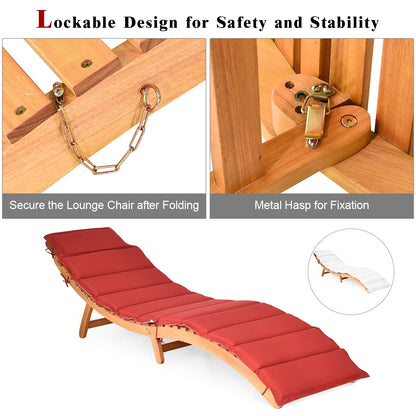 Costway Folding Wooden Outdoor Lounge Chair Chaise Red/White Cushion Pad Pool Deck