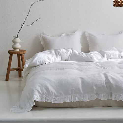 Simple&Opulence 100% Washed Linen Duvet Cover Set-3 Pieces Shabby Chic Premium Ruffled Bedding with 1 Comforter Cover and 2 Pillowshams France Flax High End Frill Sets Vintage Style(King, White)