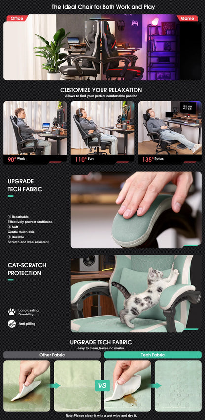 Douxlife Massage Gaming Chair, Spring Cushion, Breathable Fabric Gaming Chair with Footrest, Ergonomic Computer Chair for Adults & Kids