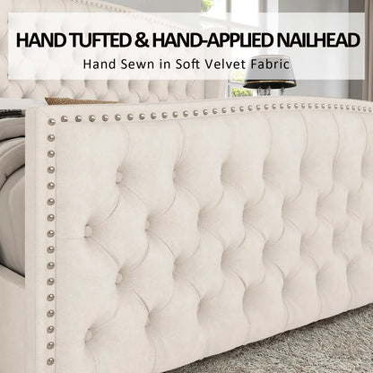 VANACC Queen Size Bed Frame, Velvet Upholstered Bed with Deep Button Tufted Wingback Headboard��Grey