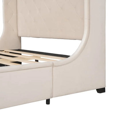 Queen Bed Frame with Storage Drawer, Velvet Upholstered Storage Bed, Wood Platform Bed Frame with Wingback Headboard and a Big Drawer(Beige)