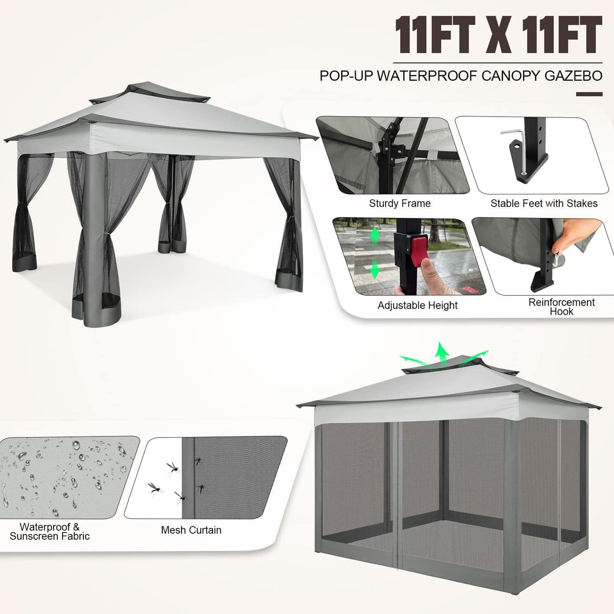 COBIZI 12x12 Outdoor Gazebo Pop Up Gazebo Canopy with Mosquito Netting Patio Tent Backyard Canopy with 2-Tiered Vented Top 3 Adjustable Height, Beige