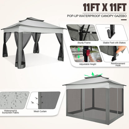 COBIZI 12x12 Outdoor Gazebo Pop Up Gazebo Canopy with Mosquito Netting Patio Tent Backyard Canopy with 2-Tiered Vented Top 3 Adjustable Height, Beige