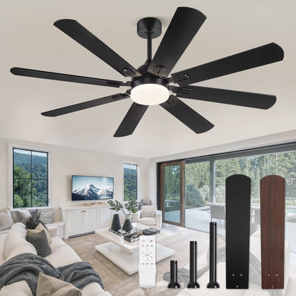 Zardon 62" Black Modern Ceiling Fan with Light and Remote Control, Reversible Quiet DC Motor, Bright LED Light, 6-Speed, Timer for Bedroom, Living Room