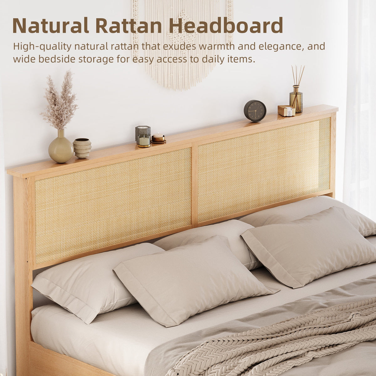 Natural Rattan Bed Frame with Sliding Barn Door Storage Cabinets and LED Light Headboard, Farmhouse Wood Platform Bed with Solid Wood Legs Support