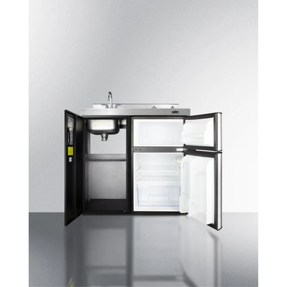 36" wide all-in-one kitchenette with 2-burner 115V smooth-top cooktop, refrigerator-freezer, sink, and storage cabinet