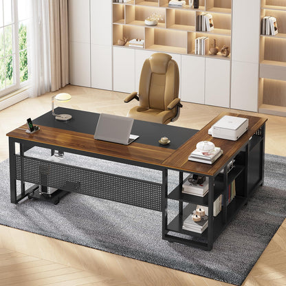 71" Executive Desk with Power Outlets, Modern L Shaped Office Desk with File Drawers and Pegboard, Large Computer Desk, Rustic Brown