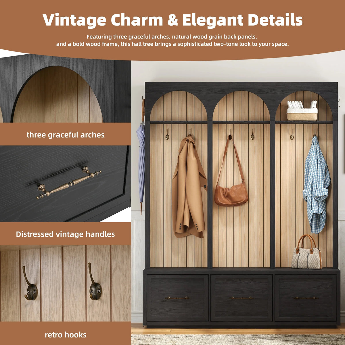 Euroco Farmhouse Wooden Style Hall Tree with Arched Design, Elegant 59" Wide Entryway Bench with 8 Retro Hooks, Rustic Coat Rack & Shoe Organizer with 3 Drawers for Mudroom, Living Room, Dark Walnut