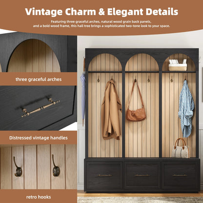 Euroco Farmhouse Wooden Style Hall Tree with Arched Design, Elegant 59" Wide Entryway Bench with 8 Retro Hooks, Rustic Coat Rack & Shoe Organizer with 3 Drawers for Mudroom, Living Room, Dark Walnut