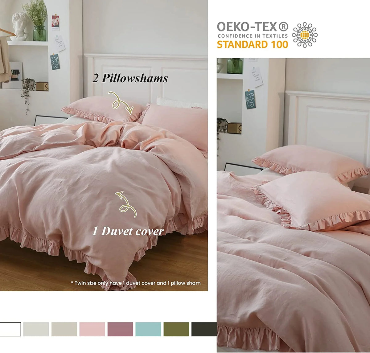 Simple&Opulence 100% Washed Linen Duvet Cover Set-3 Pieces Shabby Chic Premium Ruffled Bedding with 1 Comforter Cover and 2 Pillowshams France Flax High End Frill Sets Vintage Style(King, White)