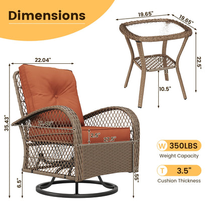 ELPOSUN 3 Pieces Patio Furniture Set, Outdoor Swivel Gliders Rocker, Wicker Patio Bistro Set with Rattan Rocking Chair, Glass Top Side Table and Thickened Cushions for Porch Deck Backyard